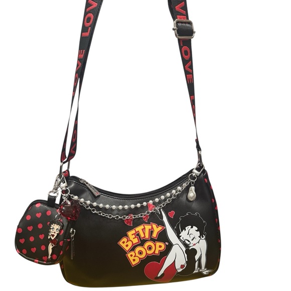 Betty Boop Black Shoulder Bag with Betty Boop purse Charm - Picture 2 of 8